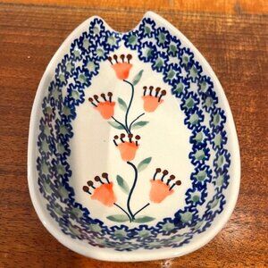 Ceramika Polish Pottery Spoon Rest Orange Poppy Flowers Hand Made